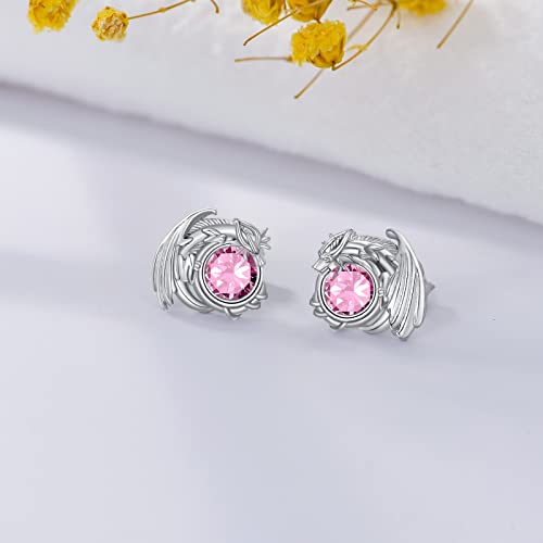 Dragon Earrings Sterling Silver Stud Hypoallergenic Birthstone Crystal Dragon Earrings for Women - color: 10-Oct