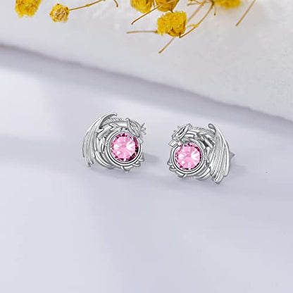 Dragon Earrings Sterling Silver Stud Hypoallergenic Birthstone Crystal Dragon Earrings for Women - color: 10-Oct