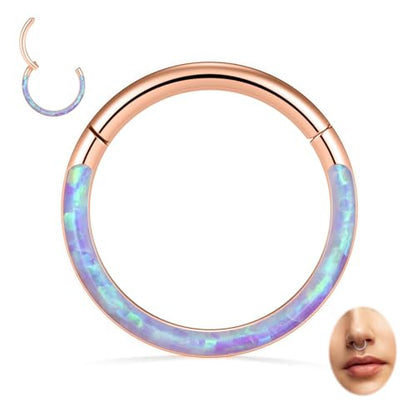 Opal Septum Jewelry Surgical Steel Septum Ring Daith Rook Tragus Earring | Hinged Segment Nose Hoop Ring,Hypoallergenic Septum Piercings for Women,Conch Cartilage Helix Jewelry,Diameter 6mm to 10mm - color: Rose Gold-Purple Opal, size: 16G 8mm