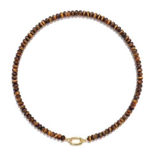 CONRAN KREMIX Colorful Stone Beaded Necklace for Women,Natural Gemstone Bead Choker Necklaces Boho Summer Beach Layering Necklace Jewelry Gift for Women - color: Tiger Eye Stone
