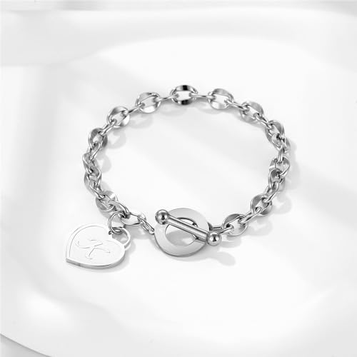 Initial Heart Charm Bracelets for Women 14K gold/Silver Tone Stainless Steel OT Clasp Heart A-Z Letter Name Bangle Bracelet Gifts - color: R