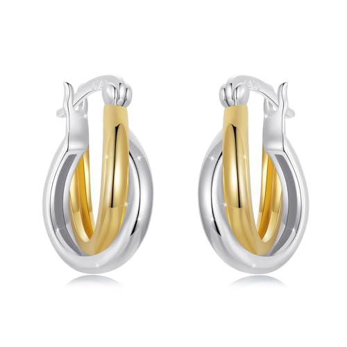 14K Gold Plated Two-Tone Oval Hoop Earrings for Women, Water Drop Design Lightweight Huggie Earrings,925 Sterling Silver Posts Double Drop Chunky Hoops Hypoallergenic Ear Buckles - color: Silver Gold