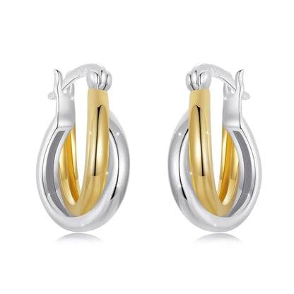 14K Gold Plated Two-Tone Oval Hoop Earrings for Women, Water Drop Design Lightweight Huggie Earrings,925 Sterling Silver Posts Double Drop Chunky Hoops Hypoallergenic Ear Buckles - color: Silver Gold