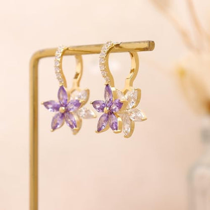 Sonateomber Gold Silver Small Hoop Dangle Earrings for Women, Trendy Dainty Rhinestone CZ Dangling Prom Wedding Leaf Flower Snowflake Butterfly Starfish Fashion Jewelry Gift - color: Purple Flower