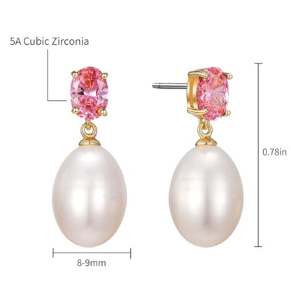 Pearl Drop Earrings Cubic Zirconia Stone Pearl Stud Earrings for Prom, Bridesmaids, Birthday Women Jewelry - color: Pink CZ Stone