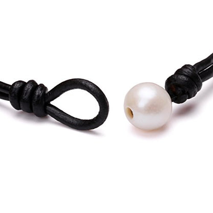 Single Cultured Freshwater Pearl Bracelet Handmade Leather Pearl Jewelry for Women 7'' - style: 7'' Black