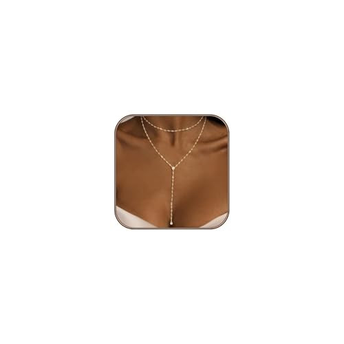 Luxval Lariat Gold Necklace for Women, Dainty Long Necklace 14k Gold Plated/Silver Y-Shaped Pendant Necklaces Trendy Beaded Chain Drop Necklaces Jewelry for Women Gifts - color: Gold-wave cz