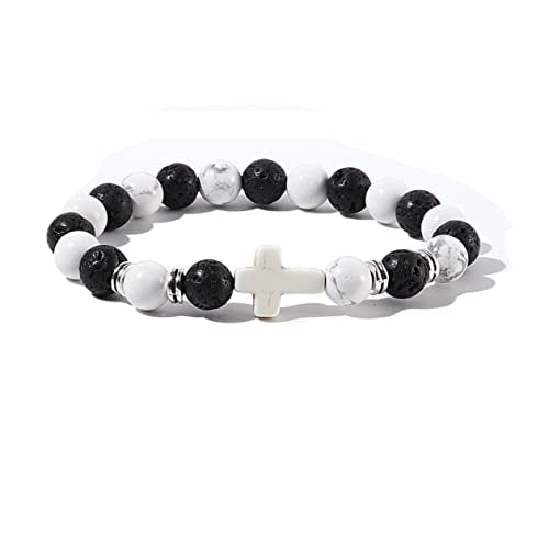 8MM Ornament Lava Volcanic Stone Beads Turquoise Cross Elastic Stretch Bracelet Religion Bangle for Women Men - color: 3pcs B