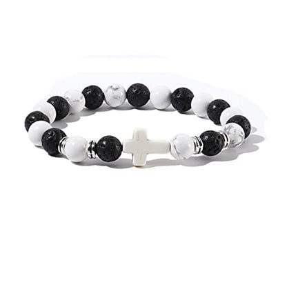 8MM Ornament Lava Volcanic Stone Beads Turquoise Cross Elastic Stretch Bracelet Religion Bangle for Women Men - color: 4pcs