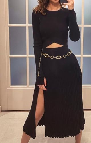 Waist Chain Belt Women Circle O-Ring Metal Link Body Chains Plus Size Gold Tone Chain Belt Fashion Waist Jewelry for Dress - color: Gold-49inch