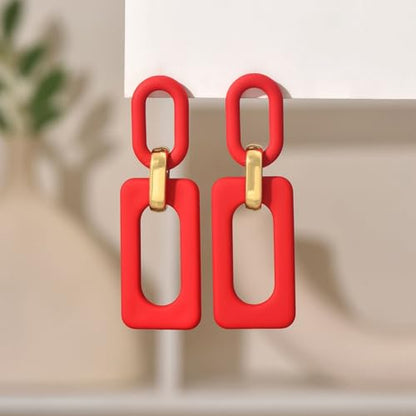 Geometric Square Earrings for Women Lightweight Colorful Color Block Acrylic Chunky Geometric Rectangle Oval Link Chain Statement Earring - style: Red Rectangle