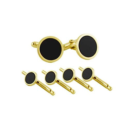 Men's Gold Trim Black Onyx Cuff Links Stud Set (SS801509)