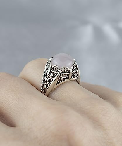 Filigranist 925 Sterling Silver Filigree Art Women Mini Dome Cocktail Ring with Gemstone, Gift Boxed - color: Rose Quartz