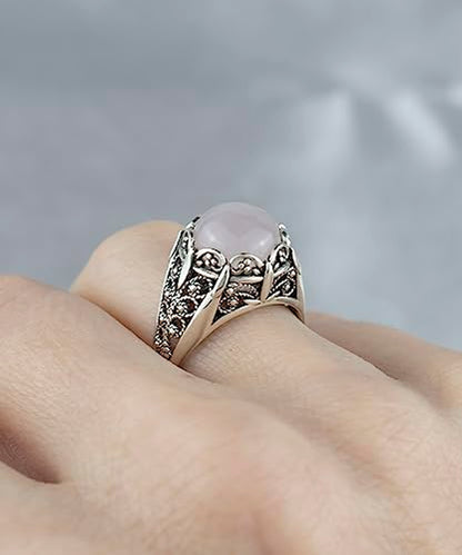 Filigranist 925 Sterling Silver Filigree Art Women Mini Dome Cocktail Ring with Gemstone, Gift Boxed - color: Rose Quartz