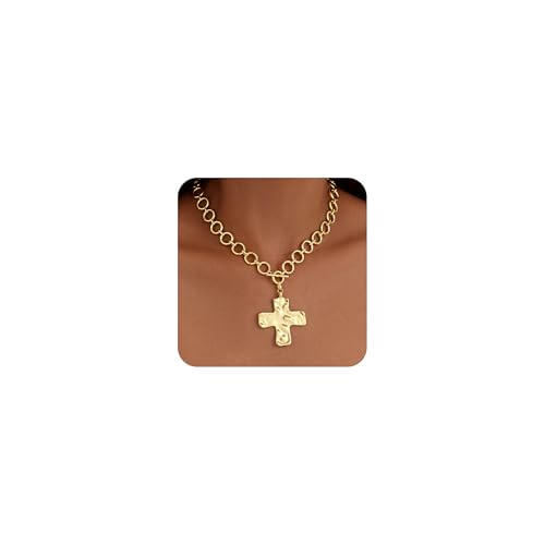 Poxtex Cross Necklace for Women Teen Girls, Dainty 14K Gold Silver Plated Cross Choker Jewelry Non Tarnish Waterproof Cute Simple Small Necklace Christian Baptism Religious Faith Jewelry Gifts - color: 09 chunky gold cross necklace