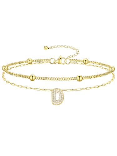 Richsteel Initial Ankle Bracelets for Women Waterproof, 14K Gold Plated/Silver Stainless Steel Anklets, Dainty Adjustable Layered Anklets with Bubble Letter, Non Tarnish Summer Beach Jewelry with Gift Box - color: D-Gold-Plated