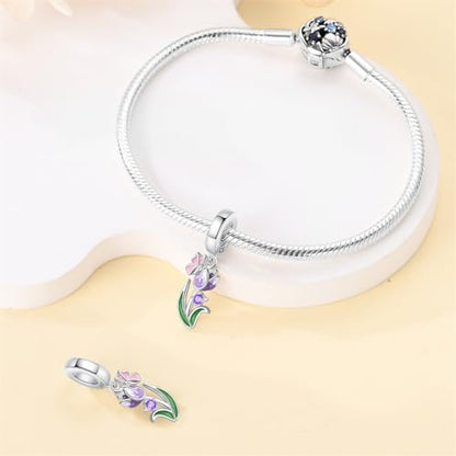 CYCUFF 925 Sterling Silver Charms Suitable for Bracelet Pendants Beads, Charm Necklaces Jewellery Gift for Women - color: Purple Tulip Charm