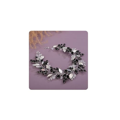 Kercisbeauty Silver Leaves Black Crystal Beads Headpiece for Women Wedding Bridal Hair Jewelry Boho Handmade Headband Prom (Silver) - color: Silver