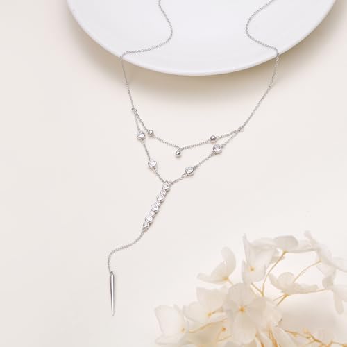 Sterling Silver Dainty Bead Layered Long Lariat Choker Necklaces for Women Boho - style: Two-Piece