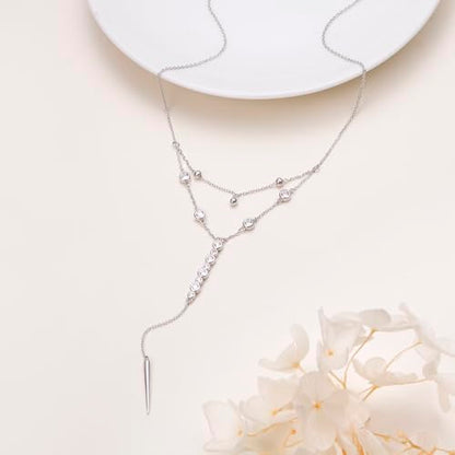 Sterling Silver Dainty Bead Layered Long Lariat Choker Necklaces for Women Boho - style: Two-Piece