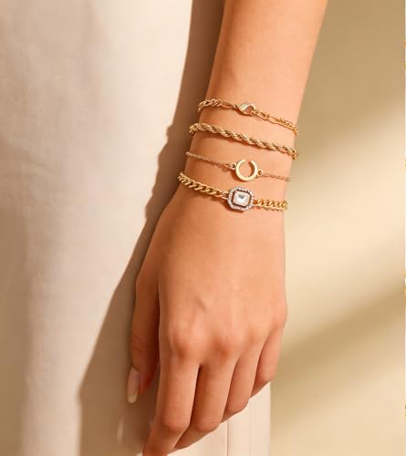 Alegend 14K Gold Plated Stackable Multilayer Bracelets + Titanium Steel(Not Rust, Resist Corruption, Easily Clean) 18K Gold Plated Single Bracelets - color: 14K Gold Plated Four-Layered