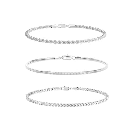 3 Pcs Stackable Braclet for Men, Dainty Silver Plated Chain Bracelet for Men Non Tanish Simple Cuban Snake Rope Link Chain Bracelet Set for Mens Jewelry 6.5/7/7.5/8/8.5/9 Inches - style: 8 IN