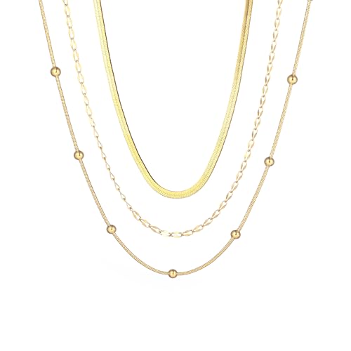wgoud Gold Necklace for Women Waterproof,14K Real Gold Plated Herringbone Choker Necklace for Women Trendy, Dainty Gold Chain Necklaces Stack,Simple Layered Gold Necklaces for Women Jewelry Gifts - color: 3Pcs Gold Necklace B