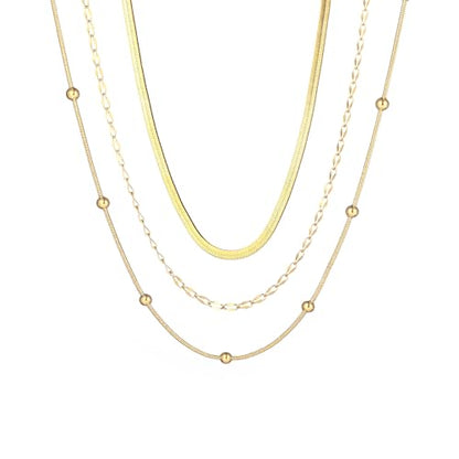wgoud Gold Necklace for Women Waterproof,14K Real Gold Plated Herringbone Choker Necklace for Women Trendy, Dainty Gold Chain Necklaces Stack,Simple Layered Gold Necklaces for Women Jewelry Gifts - color: 3Pcs Gold Necklace B