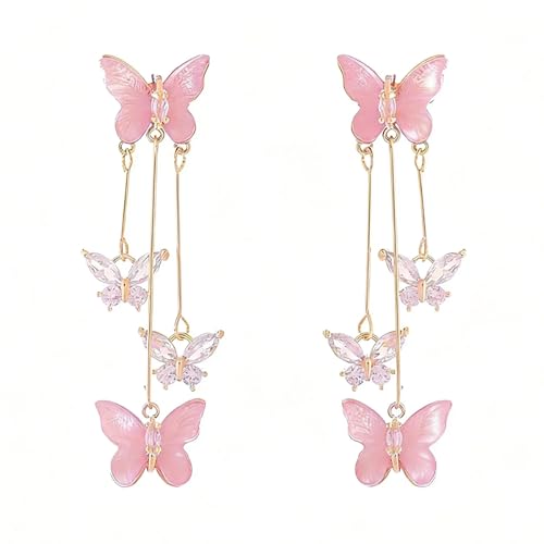 Purple Butterfly Tassel Earrings for Women Crystal Rhinestone Drop Earrings Animal Drop Dangle Charm Earrings - color: D-Pink