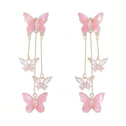 Purple Butterfly Tassel Earrings for Women Crystal Rhinestone Drop Earrings Animal Drop Dangle Charm Earrings - color: D-Pink