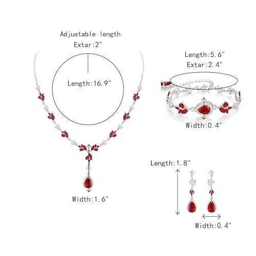 Teardrop Marquise Cubic Zirconia Wedding Prom Jewelry Set for Women Bridal | Silver/Gold/Rose Gold Plated, Pear Cut Pendant Necklace Drop Earrings Link Bracelet, for Bride Bridesmaid, for Banquet Party - style: A_Three Set, Red