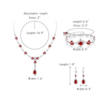 Teardrop Marquise Cubic Zirconia Wedding Prom Jewelry Set for Women Bridal | Silver/Gold/Rose Gold Plated, Pear Cut Pendant Necklace Drop Earrings Link Bracelet, for Bride Bridesmaid, for Banquet Party - style: A_Three Set, Red