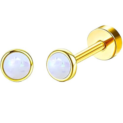 Stainless Steel Stud Earring 1 Pair Gold Flatback Earrings Hypoallergenic Screwback Jewellery Flat Back Helix Jewelry for Sensitive Ears Women Ladies Aretes De Mujer - style: Opal