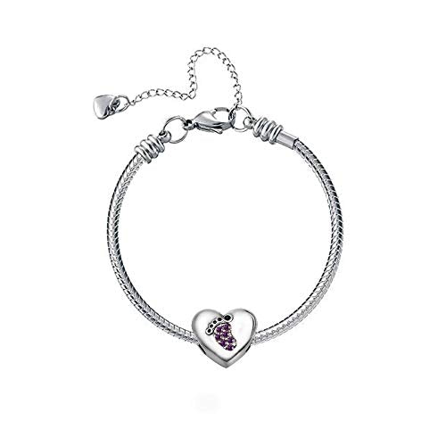 KunBead January-December Birthstone Footprint Heart Birthday Love Bead Charms Compatible with Pandora Bracelet for Mom Daughter Grandma Granddaughter - color: February