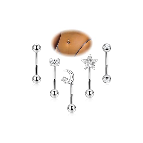 5Pcs 14G 316L Stainless Steel Small Belly Button Ring for Women Petite Navel Rings Tiny Hypoallergenic Belly Ring Cubic Zirconia Simple Belly Piercing Jewelry 6/8/10/12MM - color: Silver, size: Bar Length 12MM
