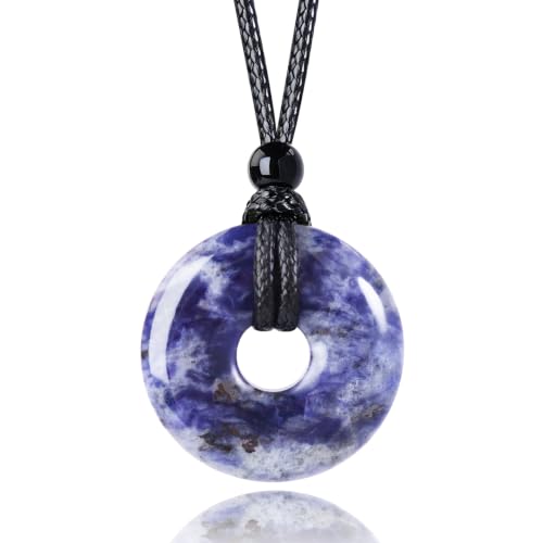 FANASY Natural Gemstone Pendant Necklce Lucky Coin Crystal Necklace Protection Donut Pendnat with Adjustable Rope for Men Women - color: Blue Jasper