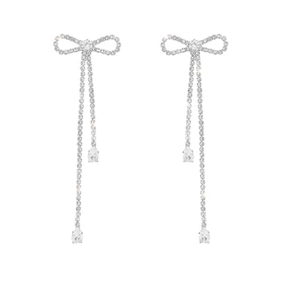 Luxval Rhinestone Earrings Dangling for Women Sparkly Silver Dangle Earrings Girls Long Chandelier Earrings Tassel Lightweight Ear Studs Cubic Zirconia Crystal Statement - color: Silver-CZ Bow