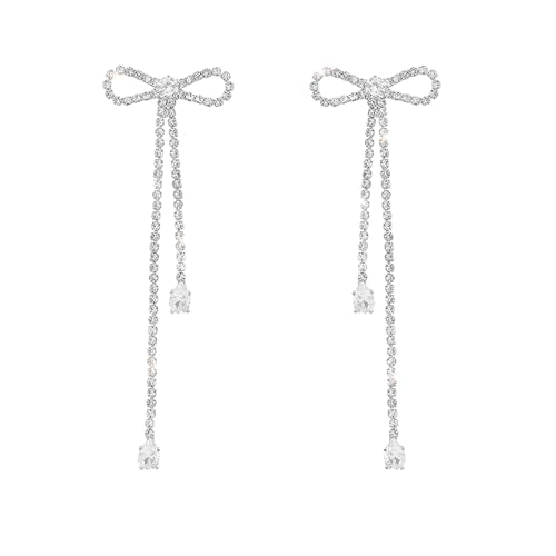 Luxval Rhinestone Earrings Dangling for Women Sparkly Silver Dangle Earrings Girls Long Chandelier Earrings Tassel Lightweight Ear Studs Cubic Zirconia Crystal Statement - color: Silver-CZ Bow