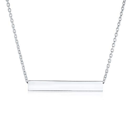 Bling Jewelry Personalized Message Initials Simple Geometric Minimalist Engravable 3 Sided Tube Horizontal Bar Name Plated Pendant Necklace For Women Teen .925 Sterling Silver - color: Silver