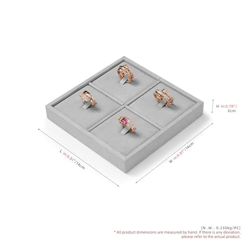 Microfiber 4 Slots Jewelry Ring Display Tray | Rings Display Organizer Tray Gray - size: 5.51" x 5.51" x 0.78"