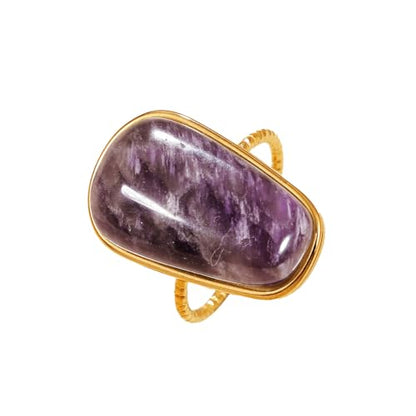 OIDIMS Gemstone Statement Ring for Women Gold-Tone Stainless Steel Natural Stone Rose Quartz Aventurine Turquoise Adjustable Open Band Stacking Finger Rings Boho Cocktail Wedding Party Jewelry - color: Amethyst