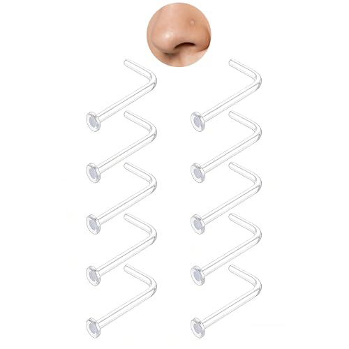 davka 20G L Shape Nose Studs 6PCS, 7mm Bar 3mm CZ Stainless Steel Nose Rings for Nostril Piercing, Small Snug Fit Nose Stud Jewelry for Daily Wear Work Sleep Women Men - color: 10PCS/L-shape/20G/2.0mm Clear Nose Stud