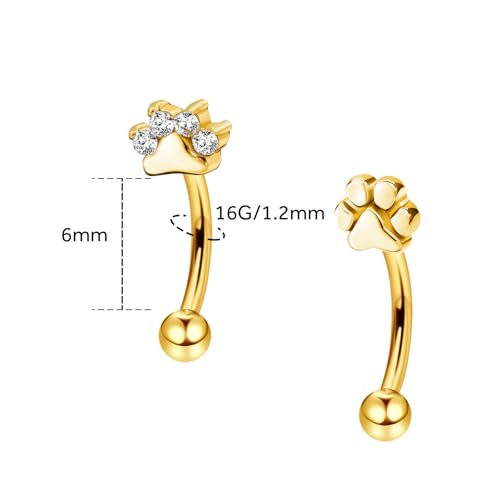 2Pcs Cat Paw Gold Eyebrow Rings Rook Piercing Jewelry 16G 6mm 8mm Threaded Cartilage Tragus Earrings 316L Stainless Steel Paw Prints Vertical Labret Lip Piercing Jewelry - color: Gold, size: 16 gauge(1.2mm)-6mm