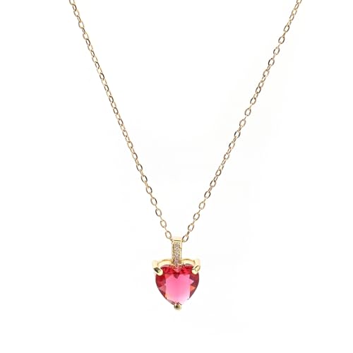Heart Birthstone Necklace for Women, 14K Gold Plated Birthstone Pendant Necklace Cubic Zirconia Diamond Necklace Dainty Gold Necklace Birthday Gifts for Women Girls - color: 07. July(Ruby)