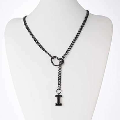 sroyte Black Heart Slip Chain Initial Necklaces for Women,Stainless Steel O-Ring Adjustable Lariat Heart Y-Necklace,Punk Gothic Cuban Collar Choker Necklace for women - color: Black I