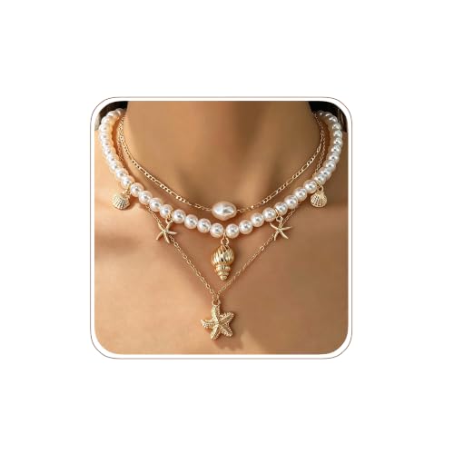 Gold Layered Necklaces for Women Chunky Stacked Necklaces for Women Trendy Retro Coin Pendant Necklace Womens Multilayer Chain Necklaces Fashion Jewelry Gifts - style: 3PCS Shell Necklace