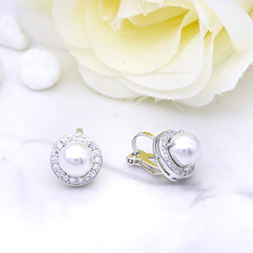 YOQUCOL 8MM Cubic Zirconia Crystal Clip On Stud Earrings Round Non Pierced Earrings for Women - color: Pearl