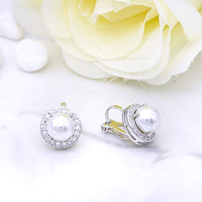 YOQUCOL 8MM Cubic Zirconia Crystal Clip On Stud Earrings Round Non Pierced Earrings for Women - color: Pearl