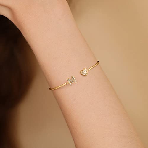 Gold Bracelets for Women Teen Girls, 14K Gold Plated Initial Heart Bangle | Adjustable Open Cuff Bracelet, Dainty Letter Jewelry, Daughter Sister Bridesmaid Friend, Birthday Christmas Graduation Gift - color: E