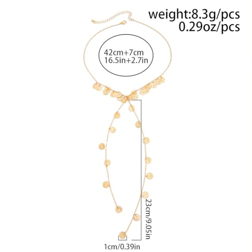 Boho Gold Long Disc Coin Choker Drop Statement Necklace for Women | Trendy Y Shaped Pendant Tassel Necklaces Round Disk Body Wrap Chain Collar Necklace Costume Outfit Festival Jewelry Accessory - color: Gold